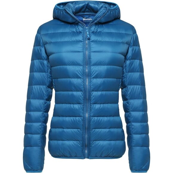 Women's Pure Acid Blue Short Down Hooded Puffer Jacket Coat Fabric Packable